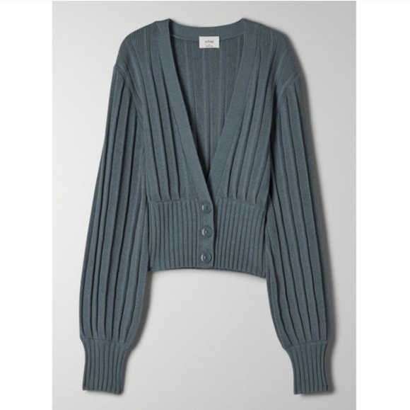 WILFRED Plunge Front Cardigan Wool Sweater Button Up Blue Green XS Aritzia - Picture 6 of 12
